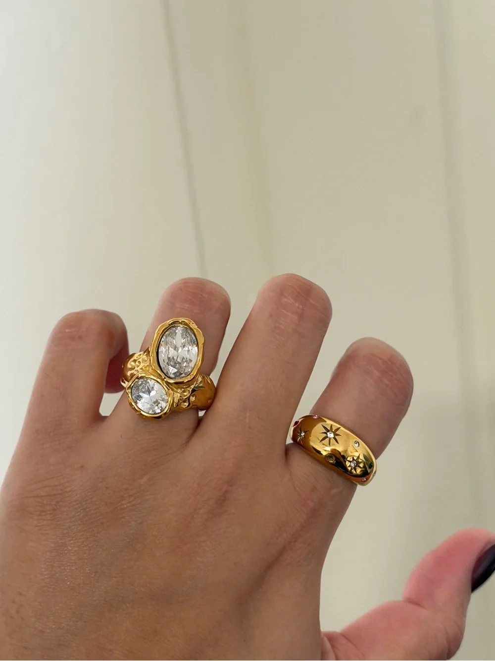 Gold Double-Crystal Statement Ring - Clear Stones